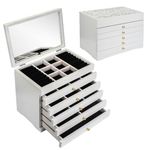 Jewelry Box for Women, 6 Layers Natural Wooden Jewelry Box and Organizers with Mirror, Large Jewelry Storage Box with Drawers for Necklaces Earrings Rings Bracelets （White）