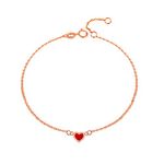 AMDXD 18K Solid Gold Anklet, Wedding Anklets Bride Rolo Chain with Red Heart Charms Rose Gold, Chain Length 21 cm+2 cm