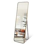 PHAREGE Brass Gold Full Length Mirror with Stand, 60x18 inch Full Body Size Standing Mirror for Bedroom Floor, Rectangle Round Corner Aluminum Framed Mirror for Living Room Wall, Anti-Slip Bottom