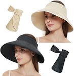 MAYLISACC 2 Pack Wide Brimmed Sun Protection UPF50+ Straw Sun Visor Hats with Cute Bowtie for Women Foldable Packable Black&Beige