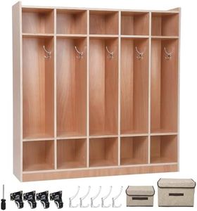 Garvee 5-Section Classroom Coat Locker Glazed Finished, 10 Cubbies for Classrooms, Daycare Cubby with 4 casters, 5 Hooks and 2 Storage Boxes, for Home, School, Kindergarten…