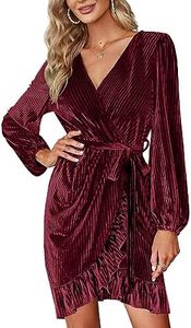 Wenrine Women's Velvet Wrap Mini Dresses Casual V Neck Long Sleeve Ruffle Club Dress, Red, Small