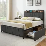 GAOMON Queen Size Bed Frame with Storage Headboard and 2 Drawers, Linen Upholstered Platform Bed Frame with Charging Station, Heavy Duty, No Box Spring Needed, Easy Assembly, Noise Free, Grey&Brown