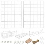 2 Pack Wire Wall Grid Panel with Accessories | Includes Hanging Basket, Shelf & Hook Rack | Complete Set | Wire Notice Board | Hanging Home, Office & Kitchen Décor | Photo Board | Metal & White