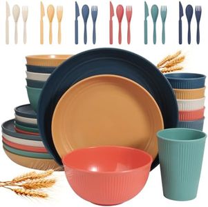 Wheat Straw Dinnerware Sets for 6 (42pcs), SGAOFIEE Unbreakable Dinnerware Set, Kitchen Plates and Bowls Set, Unbreakable Plastic Outdoor Camping Dishes, Dishwasher Microwave Safe, Autumn Multicolor