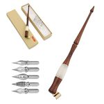 Wood Calligraphy Oblique Dip Pen Holder Set, Yoption Removable Nib Pen Handle Stand with 5 Flat Nibs