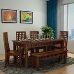 WOODLAB Sheesham Wood Kuber Dining Table Set with 4 Chair and 1 Bench for Home Dining Room Wooden 6 Seater Dinner Table for Living Room Hotels Restaurants - Natural Finish