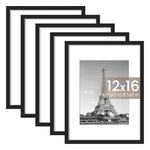 upsimples 12x16 Picture Frame Set of 5,Display Pictures 8.5x11 with Mat or 12x16 Without Mat,Wall Gallery Photo Frames,Black