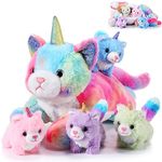 Harrycle 5 Pieces Caticorn Plush Toy Set 16 Inch Mommy Cat Unicorn Stuffed Animal with 4 Cute Plush Baby Kittens for Girls Boys Rainbow Caticorn Plush Set for Birthday Gifts Party Favors