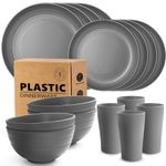 Teivio 16-Piece Kitchen Plastic Dinner Set, Service for 4, Dinner Plates, Dessert Plates, Cereal Bowls, Cups, Unbreakable Plastic Plates and Bowls Set, Outdoor Camping Dishes, Grey