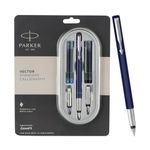 Parker Vector Standard Chrome Trim Calligraphy Fountain Pen | Blue Body Color With 4 Ink Cartridges (2 Blue + 2 Black) | Gift For Artists | Perfect For Creative Endeavors