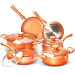 FRUITEAM 10pcs Cookware Set Ceramic Nonstick Soup Pot/Milk Pot/Frying Pans Set | Copper Aluminum Pan with Lid, Induction Gas Compatible, 1 Year Warranty Mothers Day Gifts for Wife