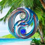 3D Metal Wind Spinner with Crystal Balls | Stainless Steel Hanging Wind Spinner for Outdoor Garden Decor | Blue Iridescent Wave Spinner for Balcony, Patio, Lawn, Yard & Home Decoration