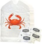 Disposable Crab Bibs for Adults with Wet Wipe Moist Towelettes, 50 Pc. Set (25 Bibs & 25 Wipes), Clean Cover Up for Seafood, Lobster, and Seafood Boils, Fun Home Dinner Party Accessory, White and Red