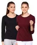 Ap'pulse Women's Regular Fit T-Shirt (Pack of 2) (Ap-Wm-Rnt-Longslv-1285-Cmb_Blk_Mron-L_Black & Maroon_Large)