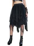 Verdusa Women's Casual Goth Contrast Mesh Asymmetrical Hem Midi Skirt Lace Black M