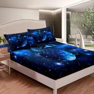 Galaxy Dragon Bed Sheet Set Kids Chic Outer Space Starry Sky Bedding Set Jungle Animals Dragon Fitted Sheet for Boys Children Teens Bedroom Decor Blue Black Bed Cover Queen Size with 2 Pillow Case