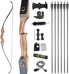 60" Takedown Recurve Bow Kit 20-60lbs Wooden Riser Bow Traditional Longbow with Carbon Arrows Archery Hunting (45 Lbs, Bow Set)