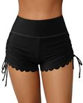 Charmo Women Board Shorts Adjustable Drawstring Side Swim Shorts Scalloped Bikini Bottom Black M