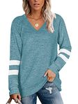 Famulily Ladies Lightweight Sweaters Top Long Sleeve Striped Color Block Tunic Tops Lake Blue XL