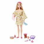 Barbie Doll, Kids Toys, Blonde Doll with Pet Puppy, Barbie Sets, Spa Day, Lemon Print Bathrobe, Headband and Eye Mask, Self-Care Series, HKT90