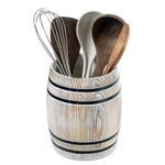 MyGift Wine Barrel Design Kitchen Utensil Holder Crock, Vintage White Washed Solid Wood Cooking Utensils Organizer