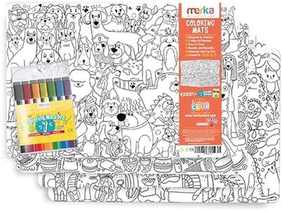 merka Plastic Placemats Set of 6 Wipeable Kids Placemat Kids Table Silicone Placemat Cats and Dogs Set of 4 Mats with 7 Dry Erase Markers for Ages 2 and Up