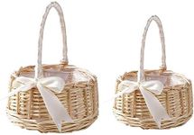 Tvoip 2Pack Wedding Flower Girl Basket Set,Wicker Rattan Flower Basket,Willow Handwoven Basket with Handles and Plastic Insert,Petal Basket Candy Storage Basket,Wedding Decoration (White)