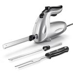 Yabano Electric Carving Knife 150W with 2 Serrated Stainless Steel Blades and Carving Fork, Safety Lock, Ideal for Roasts, Turkey, Gammon, Bread & Everyday Slicing, Silver