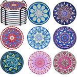 Mandala Coasters Set of 8, Ceramic Round Drink Coasters with Holder Absorbent Drink Coaster Set with Non-slip Cork Base & Ceramic Stone Cup Pad for Cups Mug Wine Glass Home Kitchen & Bar - 4 Inches