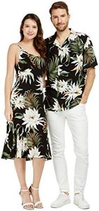 Matchable Couple Hawaiian Luau Shirt or Mermaid Ruffle Dress in Wispy Cereus Black, Men Wispy Cereus Black, Large