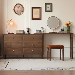 YESWOOD Large Vanity Desk with 6 Storage Dresser, North America Black Walnut Wood Adjustale Makeup Table for Girls, Vanity Set for Bedroom, Barthroom, 97" D x 16" W x 31" H(no Chair no Mirror)