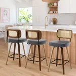 Bekrvio Swivel Bar Stools Set of 3, Upholstered Faux Leather Barstools with Rattan Back, 29" Seat Height Bar Chairs for Kitchen Island, Bentwood Wood Frame, Grey