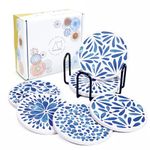 Set of 6 Acme Designs Coasters for Drinks Absorbing Round Ceramic Stone Coaster With Cork Base,Tabletop Protection Mat for Mugs and Cups,Office,Kitchen (Indigo Blue Series with Holder)