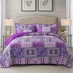 NEWLAKE Cotton Bedspread Quilt Sets-Reversible Patchwork Coverlet Set, Purple Classic Bohemian Pattern,Queen Size