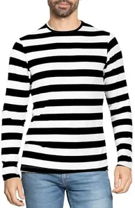 Men's Long Sleeve Crew Neck Top Black White Stripe 2X