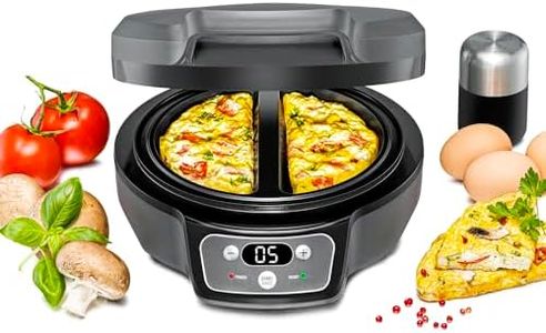 ROMMELSBACHER Omelett Chef OM 950 Cool Touch Casing, Extra Deep Baking Tray for 2 Omelettes, Non-Stick Coating, 20 Min. Timer, LED Display, Indicator Lights, Overflow Channel, 950 Watt