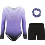 Kiscorpse Gymnastics Leotards for Girls Long Sleeve/Sleeveless Sparkle Ballet Dance Gymnastics Athletic Leotards Shinning Diamond for Kids 5-12 Years (Purple-long sleeved set, 7-8 Years)