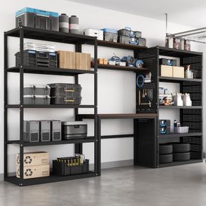 FLEXIMOUNTS Garage Storage System with Workbench, Pegboard & Shelving, 142" Modular Garage System, Heavy Duty Steel Storage Rack & Tool Organizer for Garage Workshop, Black, FLEXIMOD Series