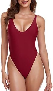 RELLECIGA Women's Wine Red High Cut Low Back One Piece Thong Swimsuit for Women Size Small