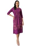 W for Woman Women's Viscose Dark Purple Floral Button Down Dress with Bead Work Calf Length (22FEW17474-117924_Deep Orchid_S)