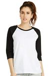 Cottonbell Women's Baseball Quarter Sleeve Tee Shirt, White/Black, Medium