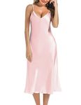 Marvmys Satin Nightdress for Women UK Long Negligees Strap Chemise Nighties for Ladies V Neck Full Slips Sleepwear Pink M