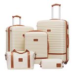 COOLIFE Suitcase Trolley Carry On Hand Cabin Luggage Hard Shell Travel Bag Lightweight with TSA Lock,The Suitcase Included 1pcs Travel Bag and 1pcs Toiletry Bag (White/Brown, 5 Piece Set)