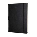 Thick Hardcover Notebook/Journal with A5 120gsm Premium Paper, College Ruled Bound with Pen Holder, Black Leather, 3 Ribbon Marker, Inner Pocket