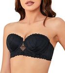 WingsLove Womens Push Up Strapless Bra Sexy Lace Underwire Lightly Lined Padded Balconette Bra(Black，38D)