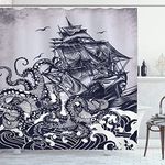 Sail Boat Waves and Octopus Old Look Home Textile European Style Bathroom Decoration Luxurious Cozy Lovely Decor Pleasing Peculiar Design Hand Drawing Effect Fabric Shower Curtain (Blue) by Better Curtains