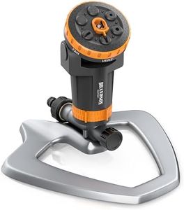 Brandson - Gartensprinkler mit Standfuß Metall – Garten Rasensprenger 3/4 Zoll - 6 Sprühmuster – 200 m2 Gesamtfläche - Einstellbarer Sprühwinkel – Bewässerungssektor bis 360° - Inkl Adapter 1/2 Zoll