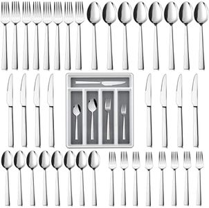 LIANYU 40-Piece Silverware Set with Organizer Tray, Stainless Steel Square Flatware Cutlery Set for 8, Tableware Eating Utensils for Home Restaurant, Dishwasher Safe, Mirror Finished