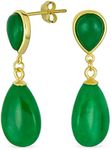 Classic Simple Gemstone Dangle Delicate Double Teardrop Genuine Green Jade Drop Earrings For Women 14K Yellow Gold Overlay .925 Sterling Silver